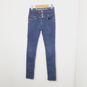 Vienna High Waist Skinny Denim Blue Jeans Stretch Button Front Pockets Cotton